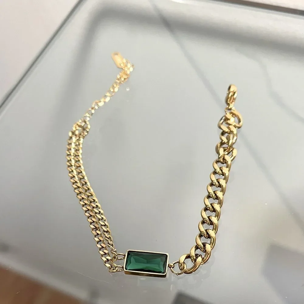 The Champion Bracelet 18K Gold Plated Link Chain w/ Green Gemstone